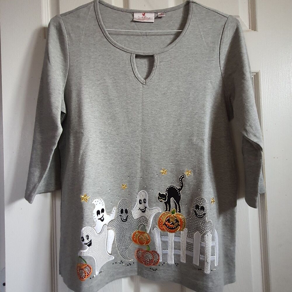 Quacker Factory Halloween Shirt Small Sequin Ghost 3/4 Sleeve Rhinestone